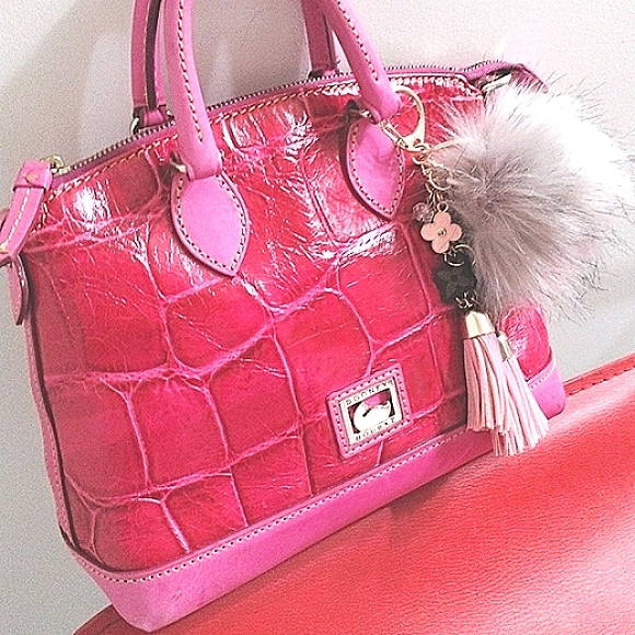Dooney & Bourke Pink Leather Satchel Pink Croc Embossed with Pom Purse Charms - Picture 2 of 15